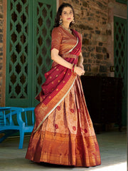 Stunning Brown Zari Weaving Jacquard Traditional Half Saree Lehenga