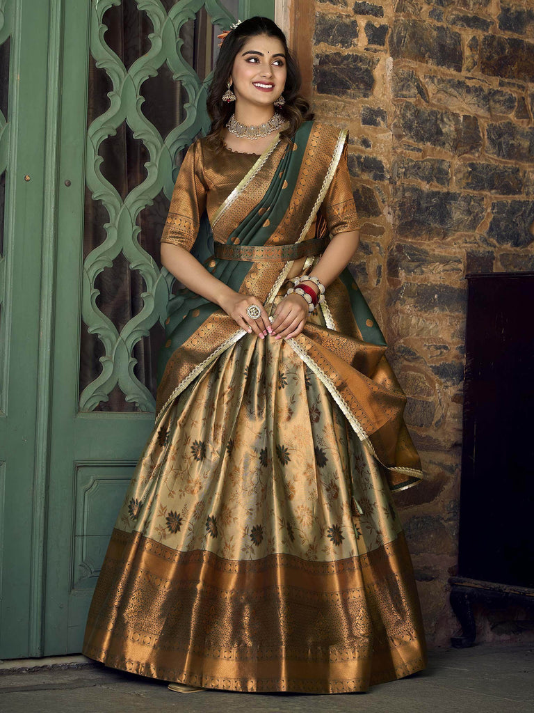 Lovely Green Zari Weaving Jacquard Festival Wear Half Saree Lehenga