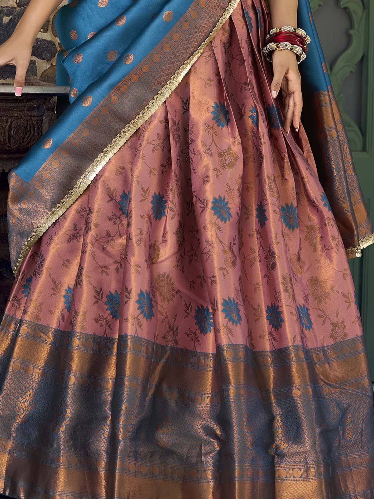 Elegant pink and blue floral saree with golden border, perfect for Indian ethnic wear