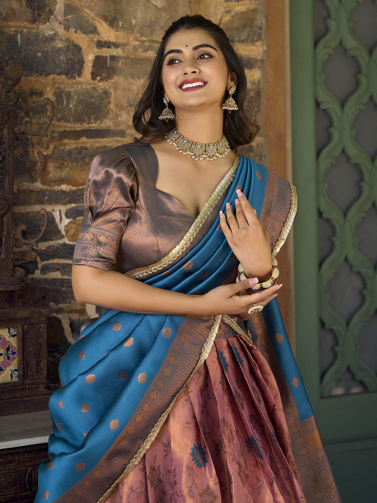 Alluring Pink & Blue Zari Woven Jacquard Event Wear Half Saree Lehenga