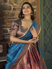 Alluring Pink & Blue Zari Woven Jacquard Event Wear Half Saree Lehenga
