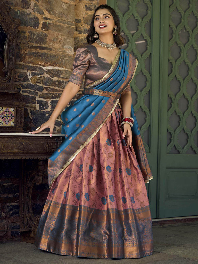 Alluring Pink & Blue Zari Woven Jacquard Event Wear Half Saree Lehenga