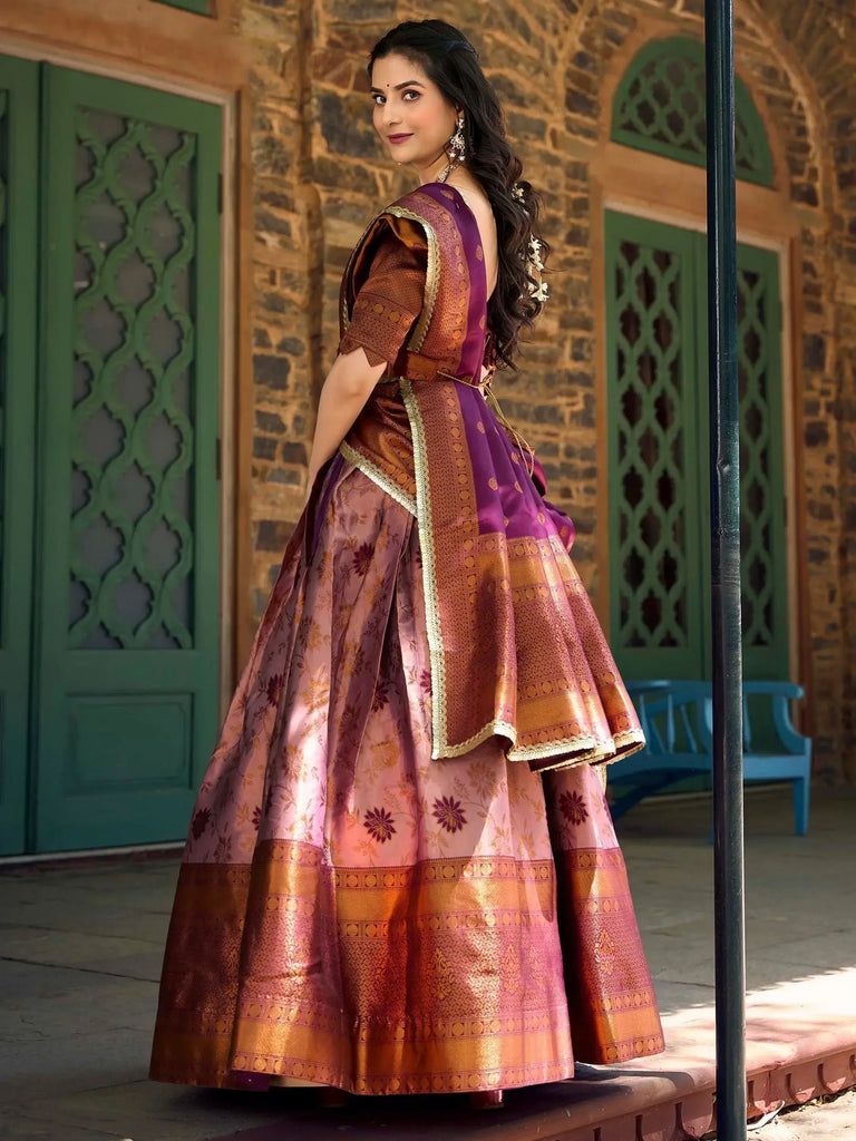Adorable Pink & Purple Zari Weaving Jacquard Half Saree Lehenga