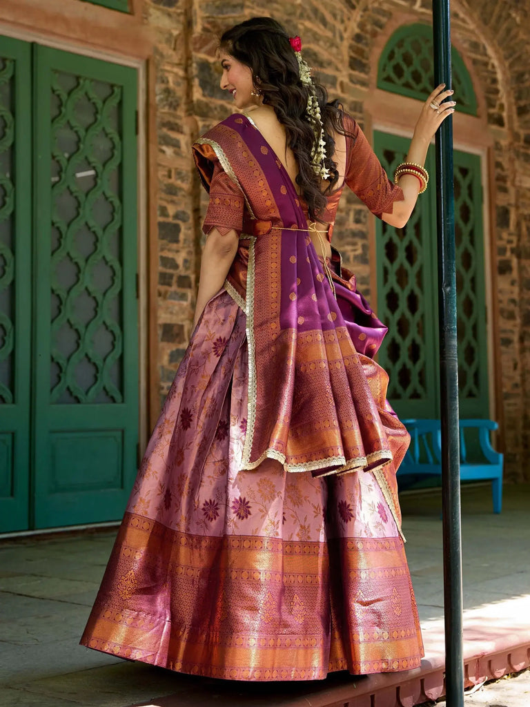 Adorable Pink & Purple Zari Weaving Jacquard Half Saree Lehenga