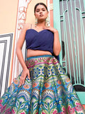 Glamorous Navy Blue Zari Weaving Silk Indo-Western Crop Top Lehenga