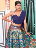 Glamorous Navy Blue Zari Weaving Silk Indo-Western Crop Top Lehenga