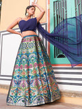 Glamorous Navy Blue Zari Weaving Silk Indo-Western Crop Top Lehenga