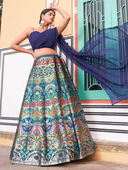 Glamorous Navy Blue Zari Weaving Silk Indo-Western Crop Top Lehenga