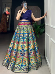 Enchanting Blue Zari Weaving Silk Indo-Western Crop Top Lehenga