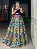 Enchanting Blue Zari Weaving Silk Indo-Western Crop Top Lehenga