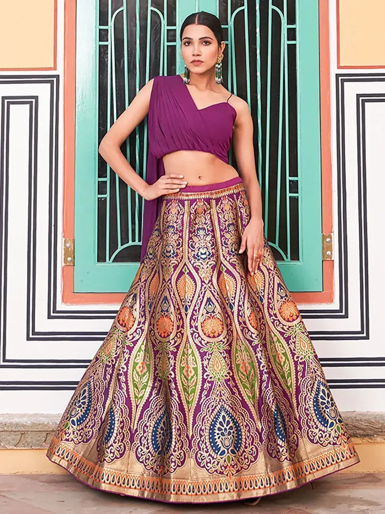 Charming Purple Zari Weaving Silk Indo-Western Crop Top Lehenga