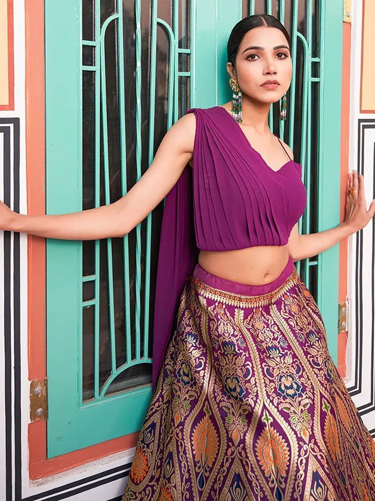 Charming Purple Zari Weaving Silk Indo-Western Crop Top Lehenga