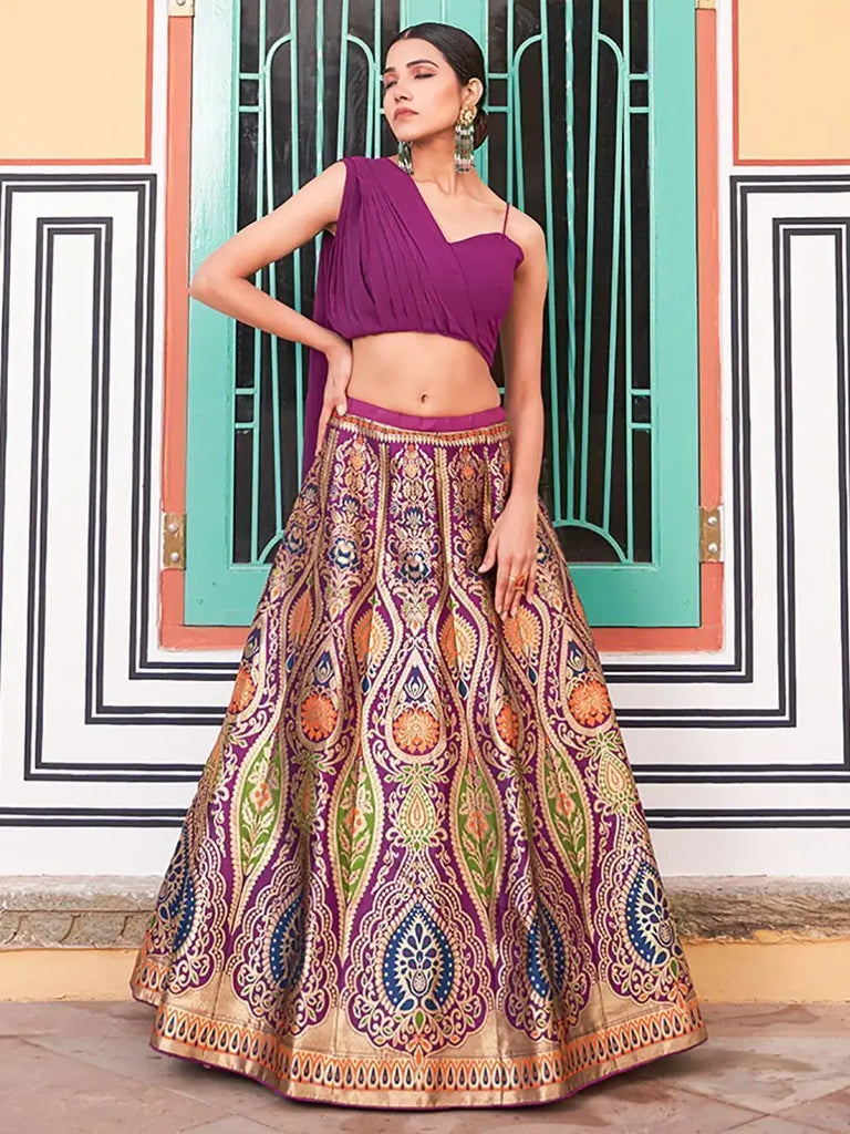 Charming Purple Zari Weaving Silk Indo-Western Crop Top Lehenga