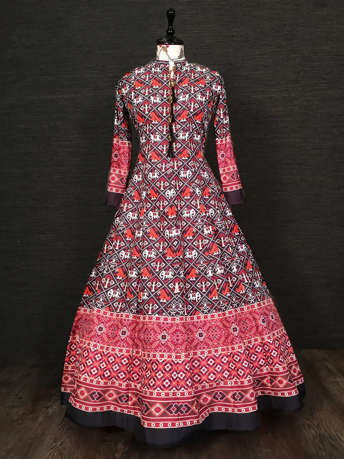 Long sleeve red and black printed Indian ethnic gown with traditional geometric patterns