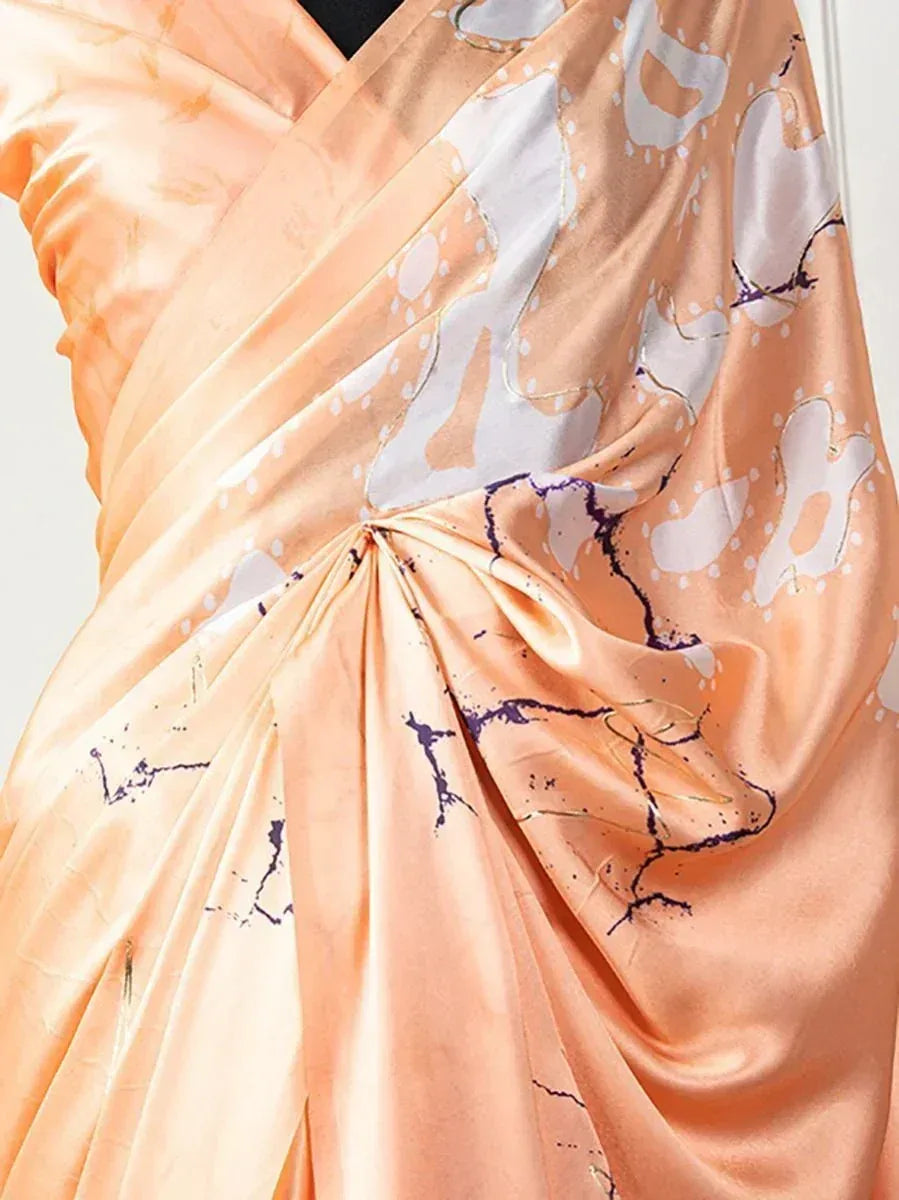 Peach ethnic gown with abstract white and purple print, draped design for women