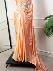 Glamorous Peach Digital Print Satin Silk Occasion Saree With Blouse