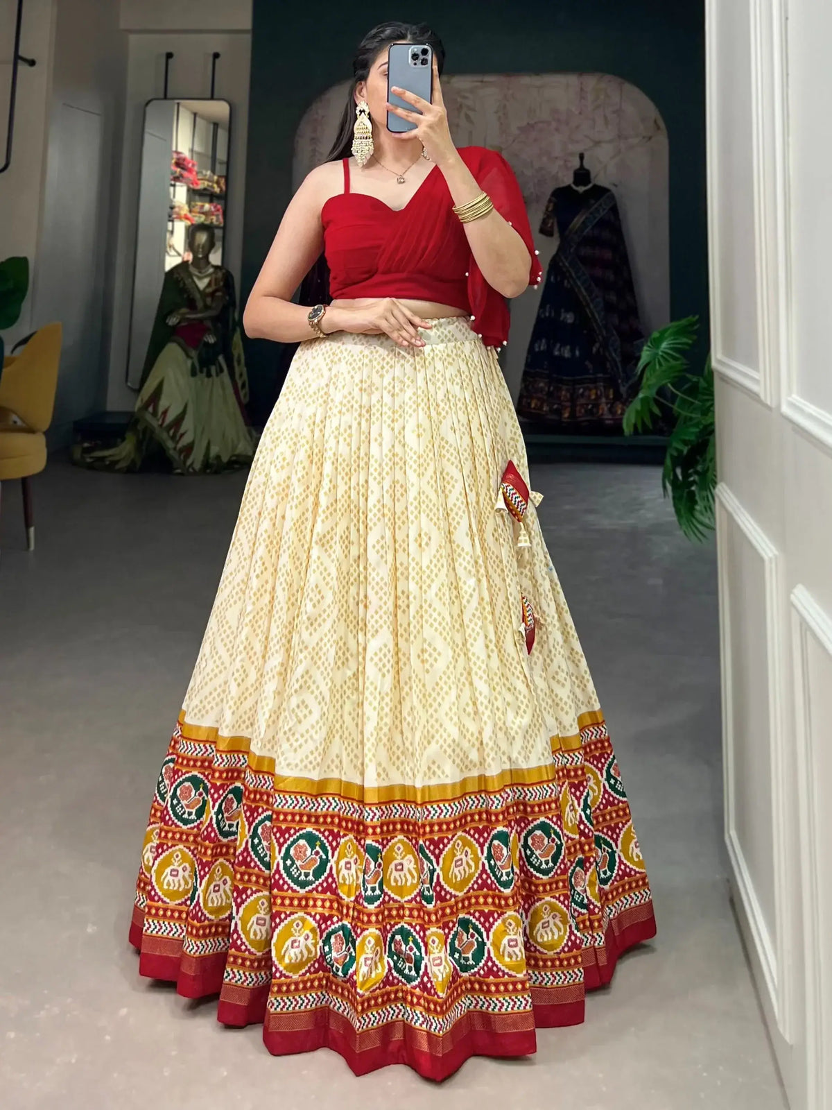 Charming Cream Patola Printed Silk Indo-Western Crop Top Lehenga