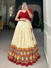 Charming Cream Patola Printed Silk Indo-Western Crop Top Lehenga
