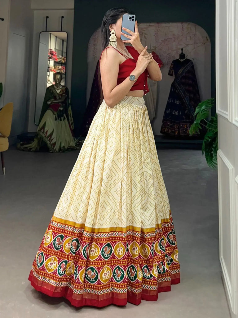 Charming Cream Patola Printed Silk Indo-Western Crop Top Lehenga