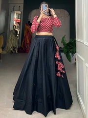 Wonderful Black Cotton Navratri Lehenga With Printed Crop Top