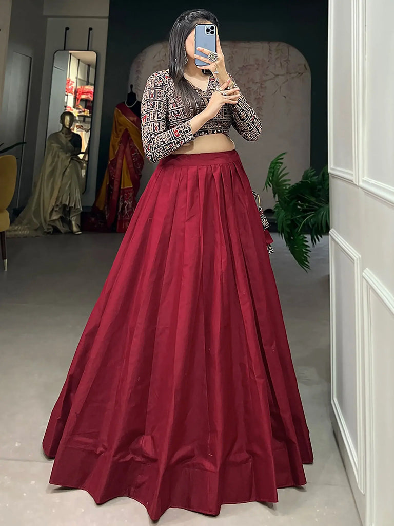 Tantalizing Maroon Cotton Traditional Lehenga With Printed Crop Top
