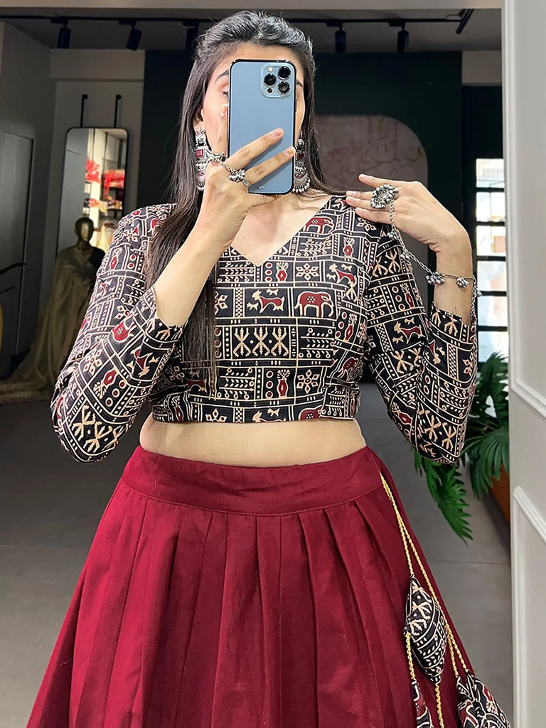 Tantalizing Maroon Cotton Traditional Lehenga With Printed Crop Top