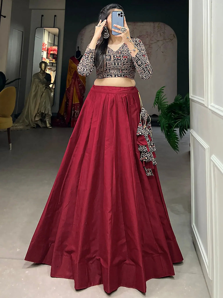 Tantalizing Maroon Cotton Traditional Lehenga With Printed Crop Top