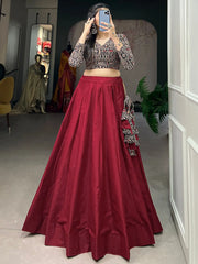 Tantalizing Maroon Cotton Traditional Lehenga With Printed Crop Top