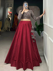 Tantalizing Maroon Cotton Traditional Lehenga With Printed Crop Top