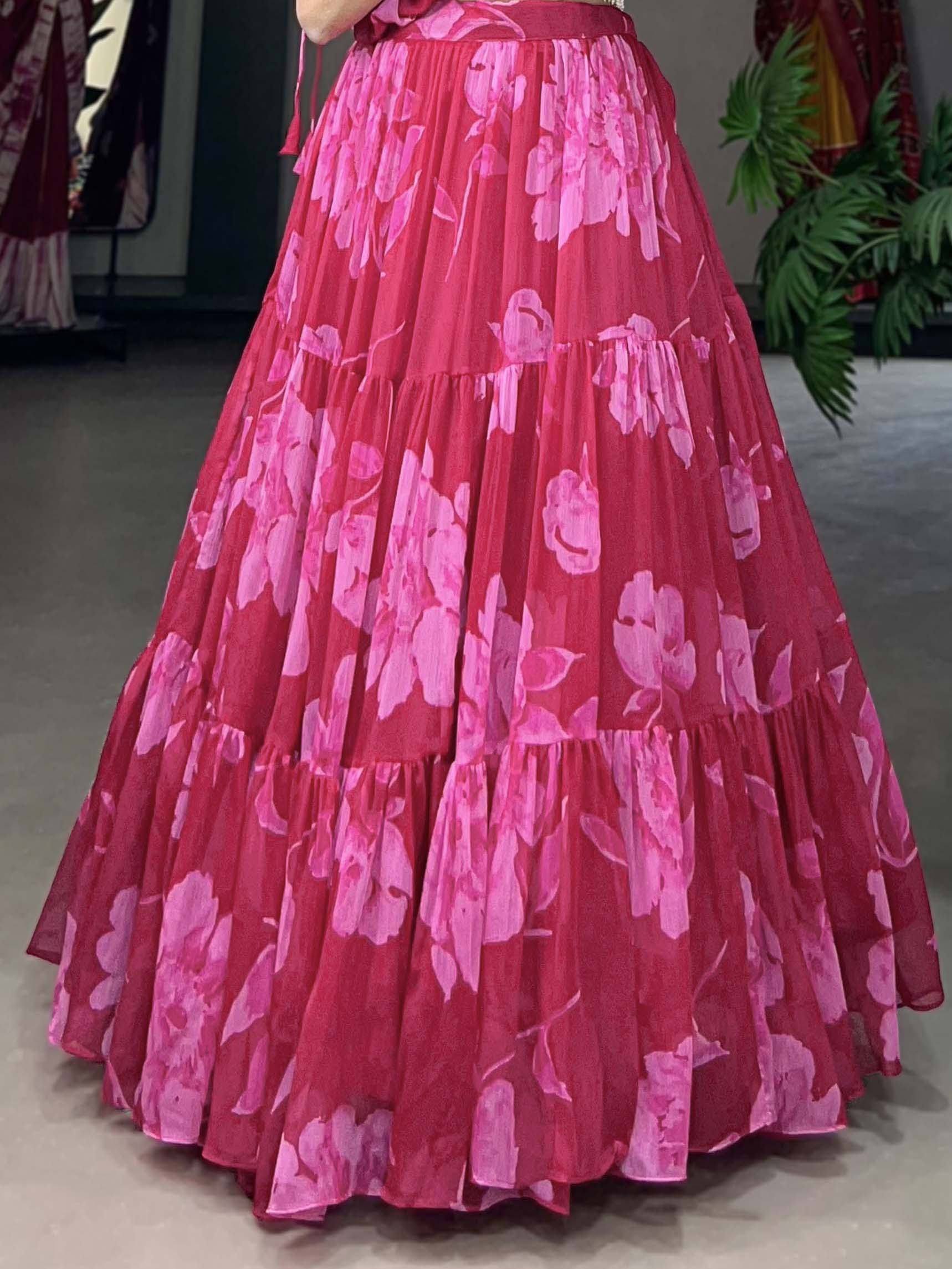 Pink floral printed tiered lehenga skirt, ethnic wear for women