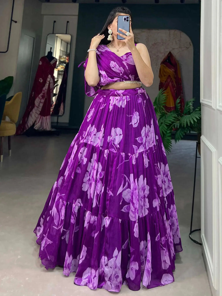 Fascinating Purple Floral Printed Chiffon Designer Crop-Top Lehenga