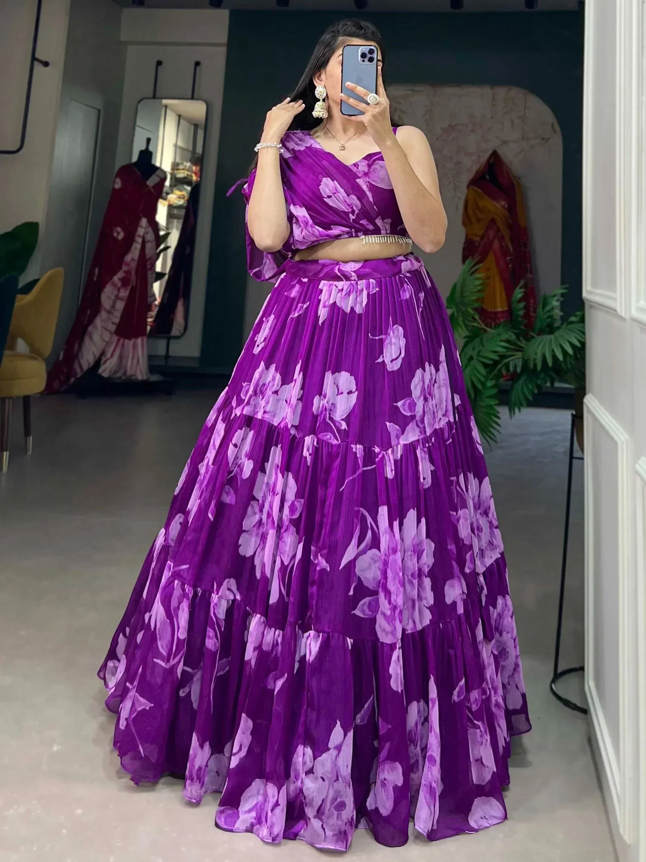 Purple floral lehenga choli with pleated skirt, perfect for Indian ethnic wear occasions