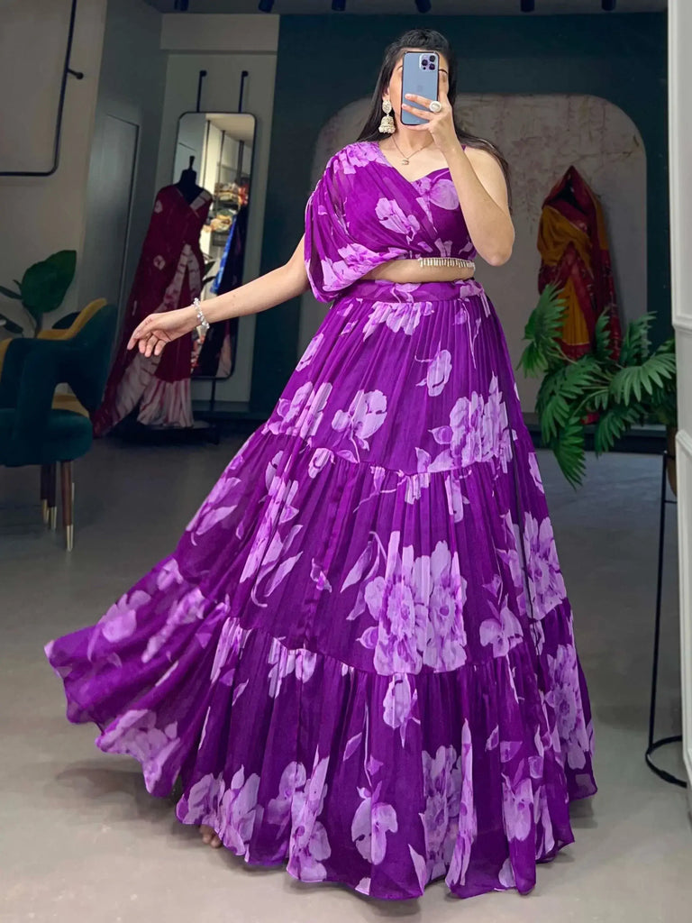 Fascinating Purple Floral Printed Chiffon Designer Crop-Top Lehenga