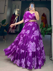 Fascinating Purple Floral Printed Chiffon Designer Crop-Top Lehenga