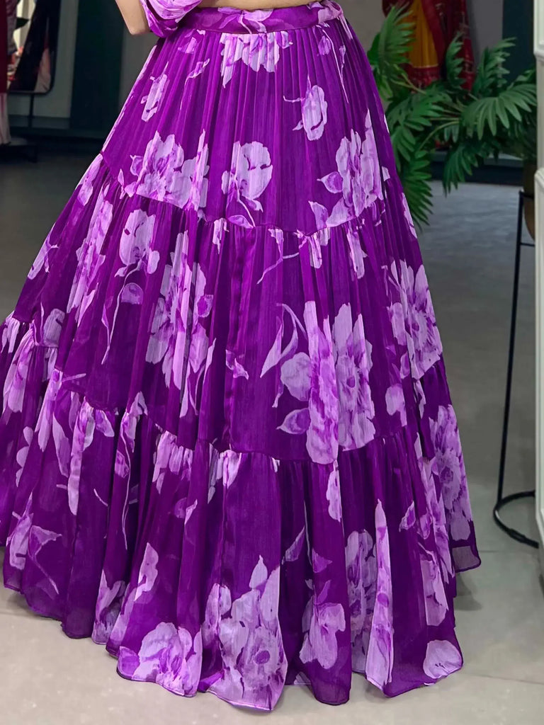 Fascinating Purple Floral Printed Chiffon Designer Crop-Top Lehenga