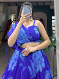 Glamorous Blue Floral Printed Chiffon Function Wear Crop-Top Lehenga