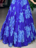 Glamorous Blue Floral Printed Chiffon Function Wear Crop-Top Lehenga