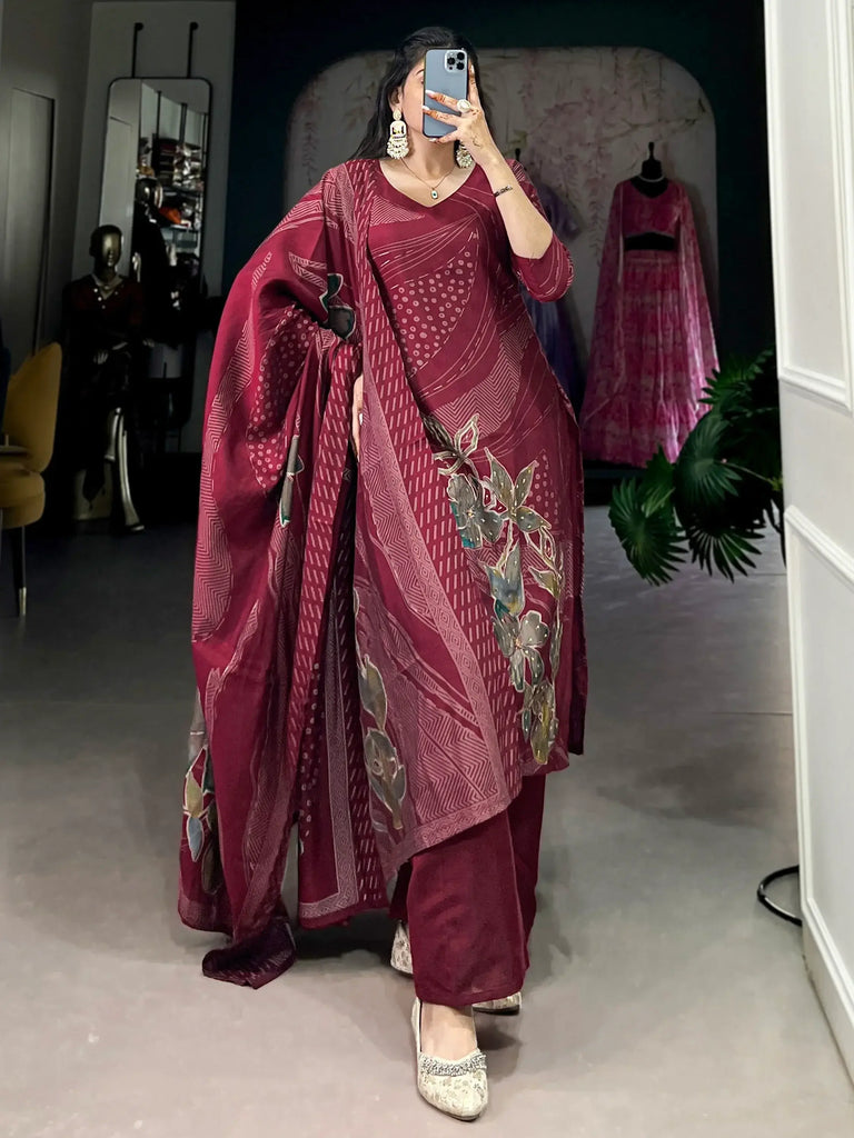 Fascinating Maroon Floral Printed Silk Office Wear Palazzo Suit