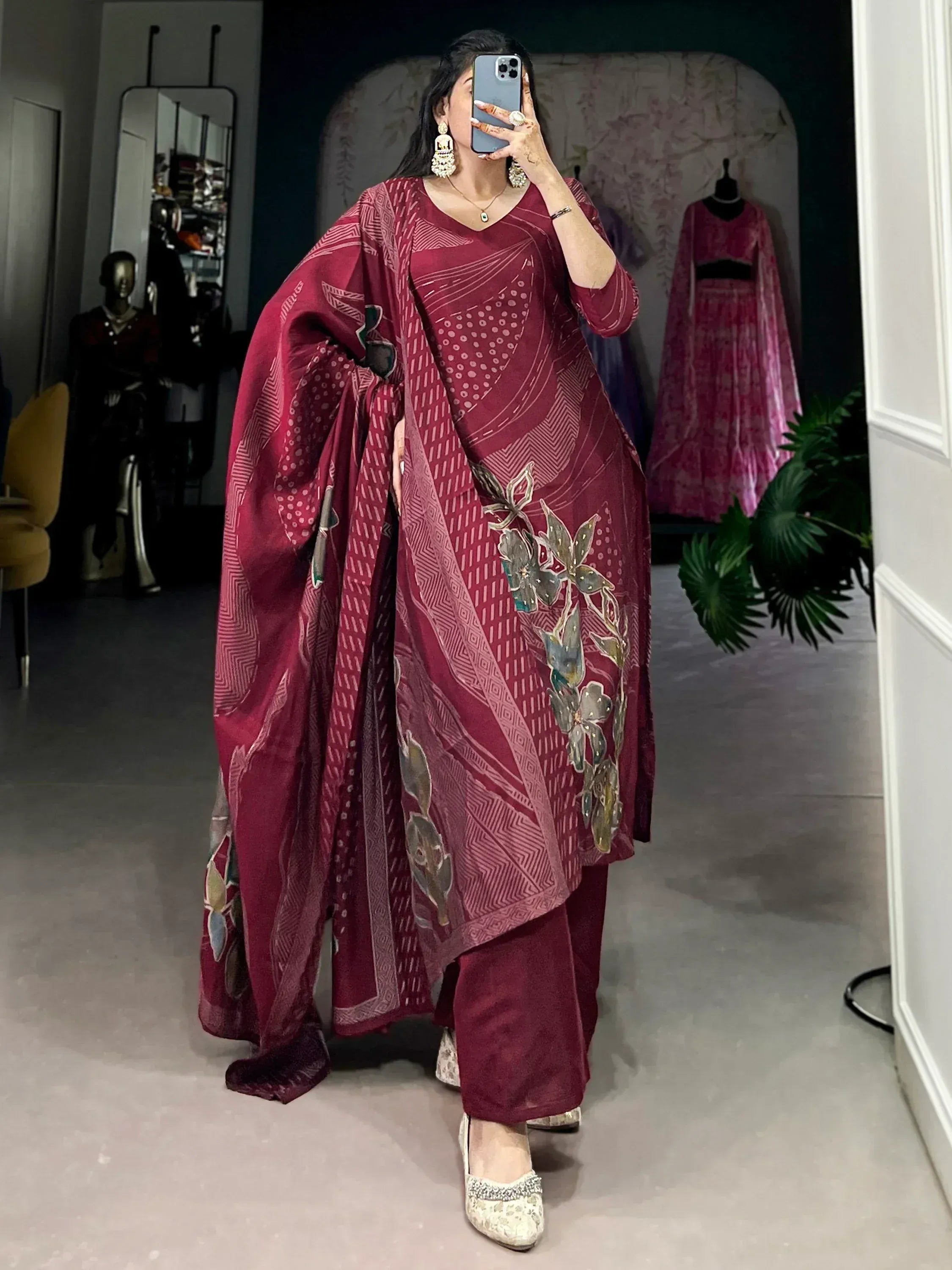 Maroon printed salwar kameez with floral embroidery, ethnic wear for women, stylish Indian outfit