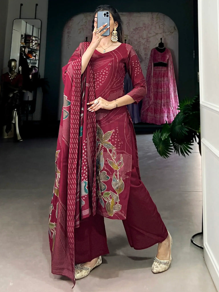 Fascinating Maroon Floral Printed Silk Office Wear Palazzo Suit