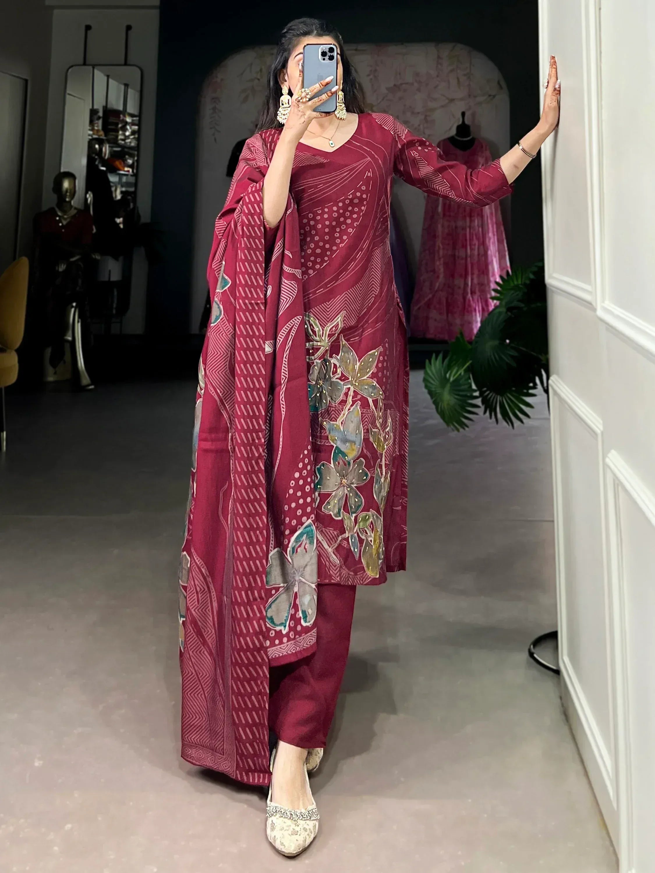 Maroon floral print salwar kameez with matching dupatta, ethnic Indian wear for women