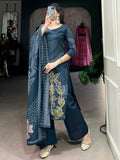 Marvelous Navy Blue Floral Printed Silk Casual Wear Palazzo Suit