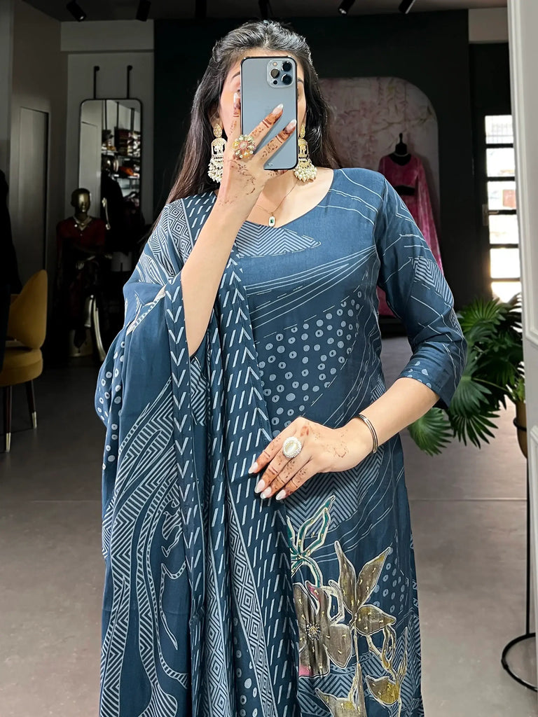 Marvelous Navy Blue Floral Printed Silk Casual Wear Palazzo Suit
