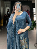 Marvelous Navy Blue Floral Printed Silk Casual Wear Palazzo Suit