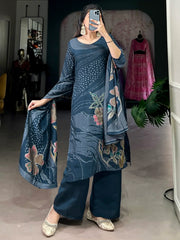 Marvelous Navy Blue Floral Printed Silk Casual Wear Palazzo Suit