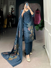 Marvelous Navy Blue Floral Printed Silk Casual Wear Palazzo Suit
