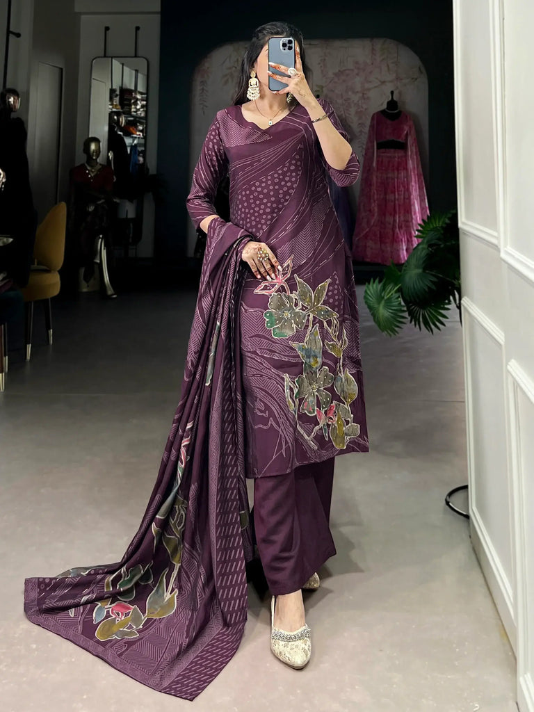 Enchanting Wine Floral Printed Silk Palazzo Suit With Dupatta