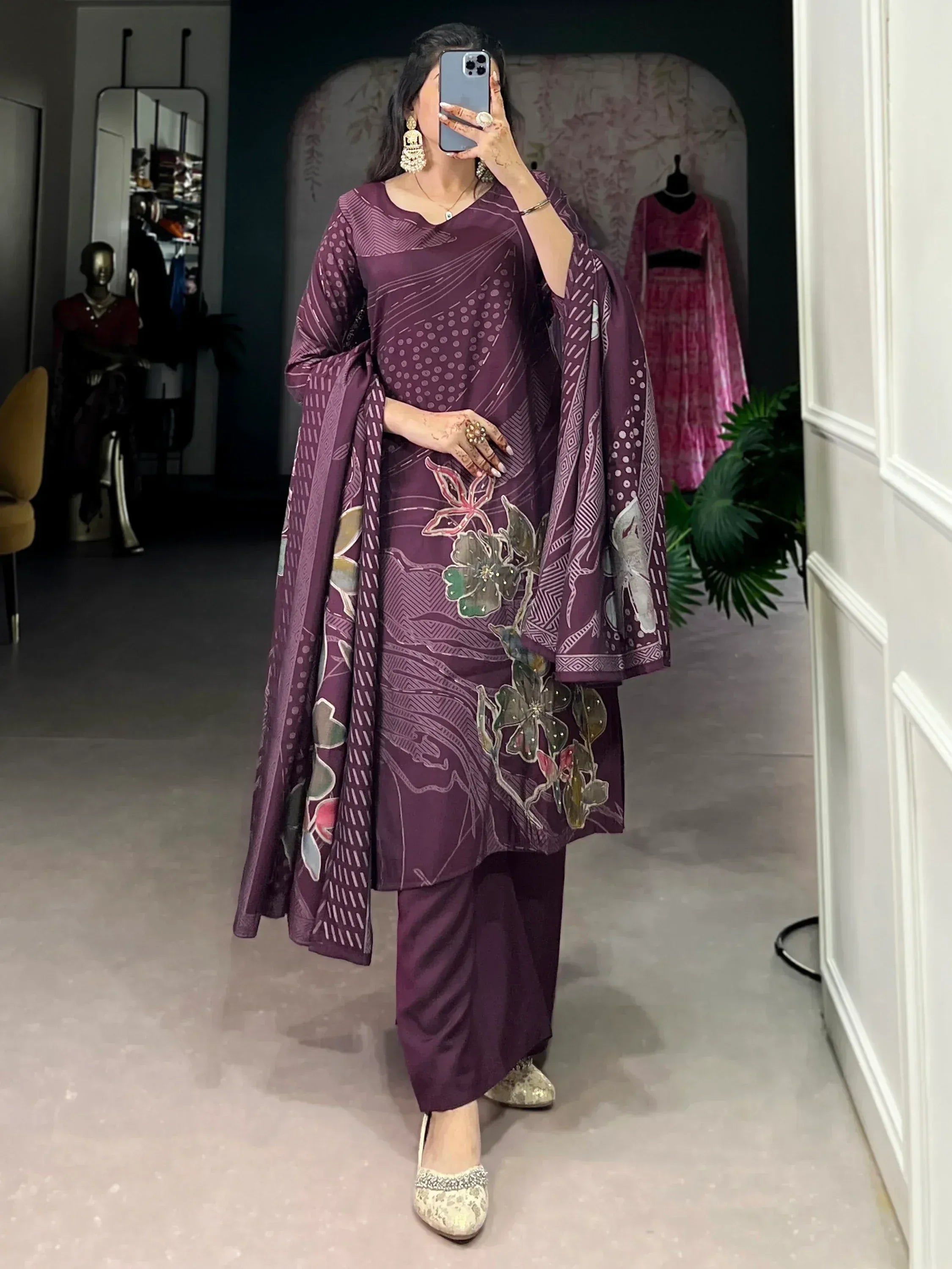 Purple printed salwar kameez with floral embroidery, ethnic wear for women