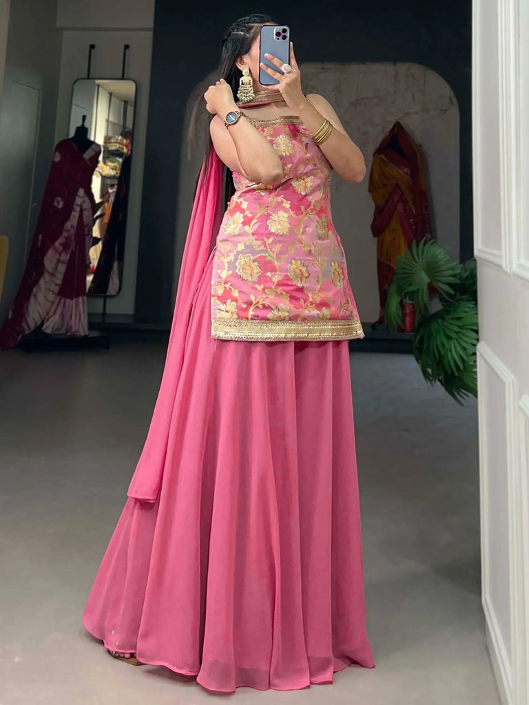 Attractive Baby Pink Printed Jacquard Silk Function Wear Palazzo Kurti