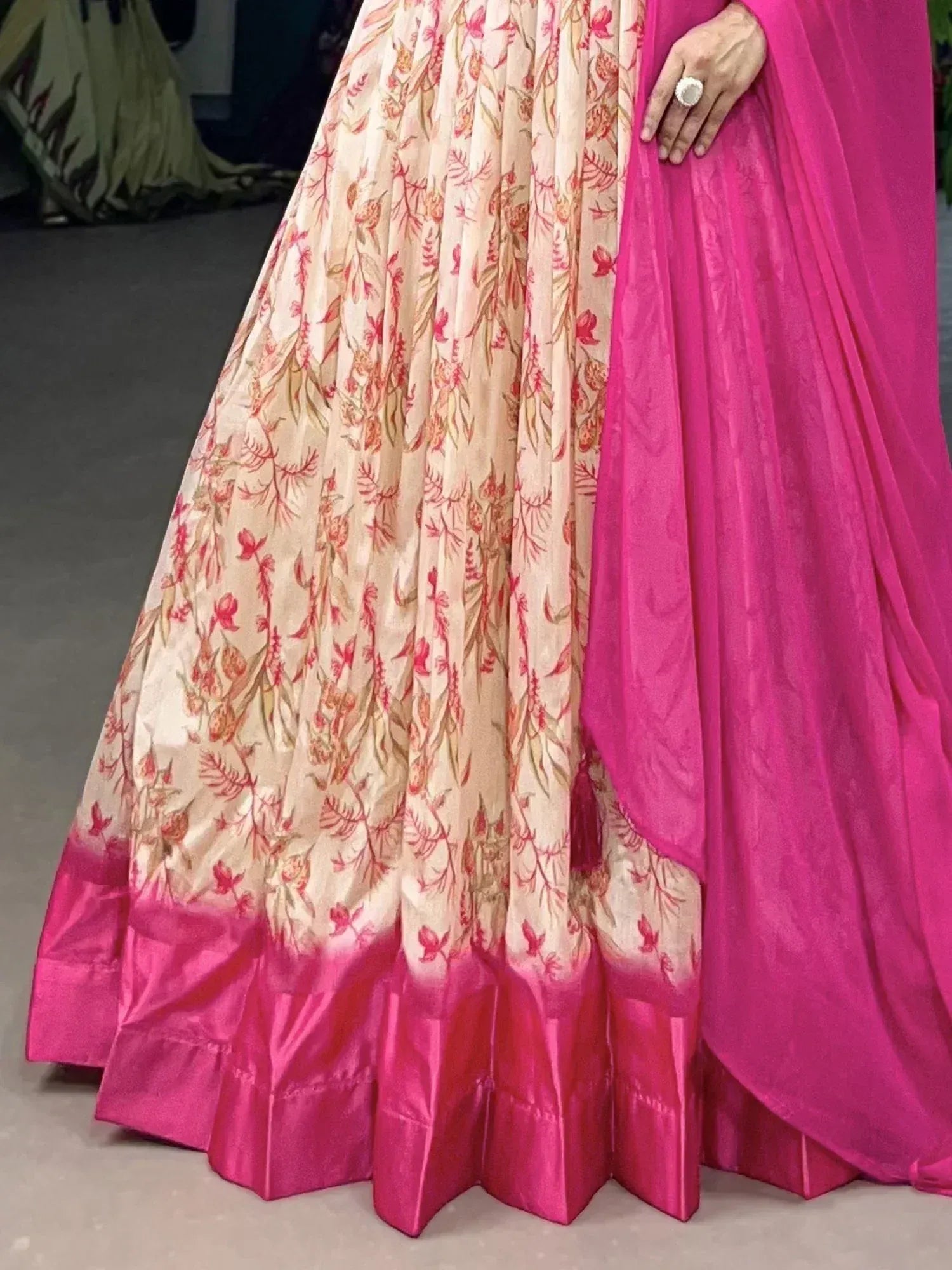 Floral print lehenga with pink border and matching dupatta, Indian ethnic wear